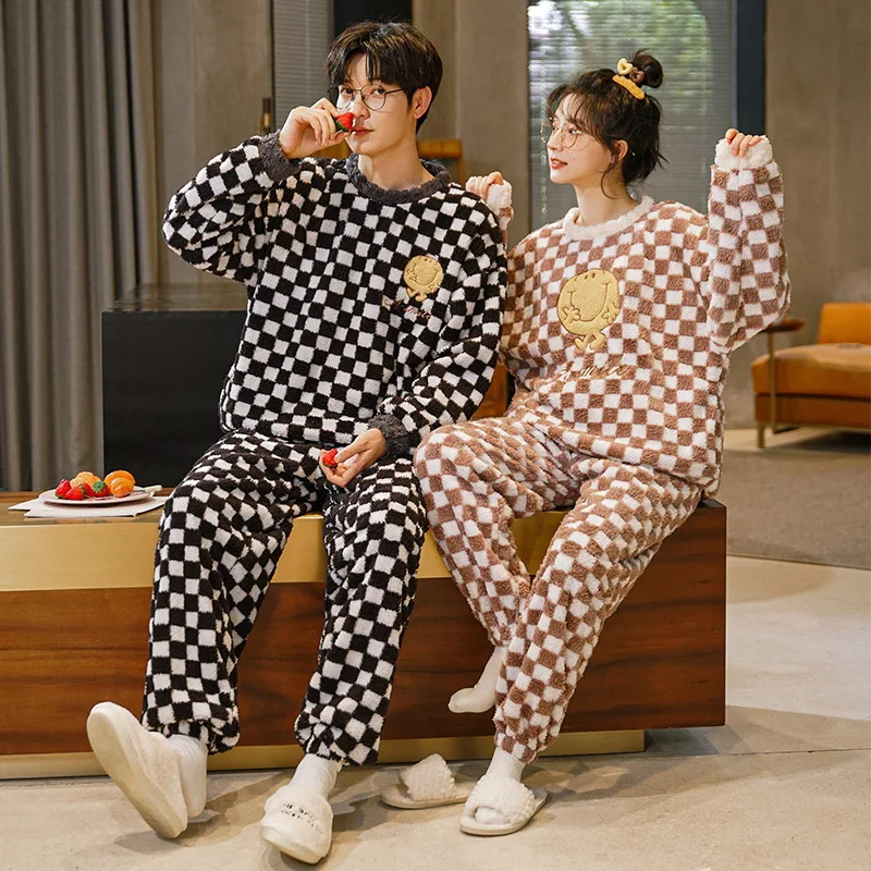 Couple Thick Warm Flannel Pajama Sets for Men Women Winter Coral Velvet Sleepwear Man Korean Fashion Homewear Clothes Freeship