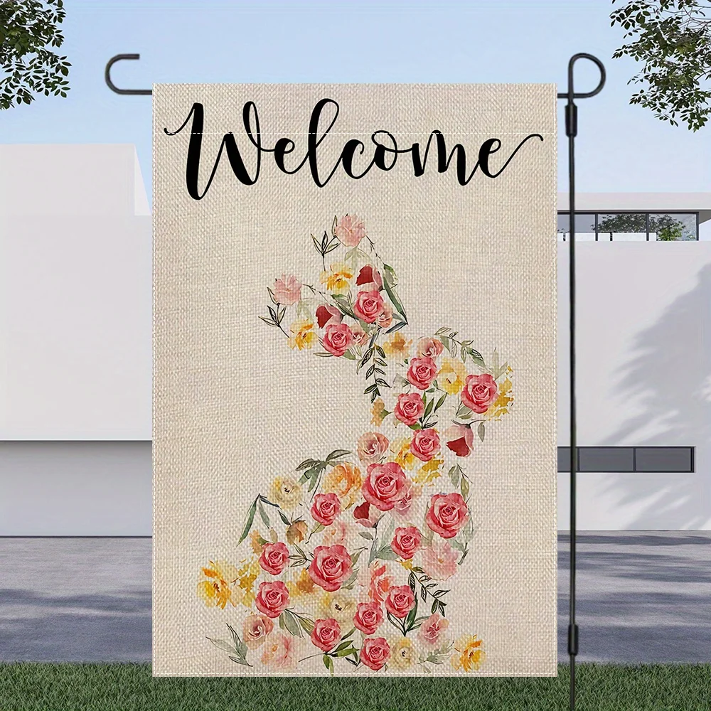 قطعة واحدة من علم حديقة أرنب عيد الفصح المزين بالزهور - مزدوج الجوانب مقاس 12 × 18 بوصة، تصميم أرنب وردي وأصفر نابض بالحياة مع ورود وزهور، P #6