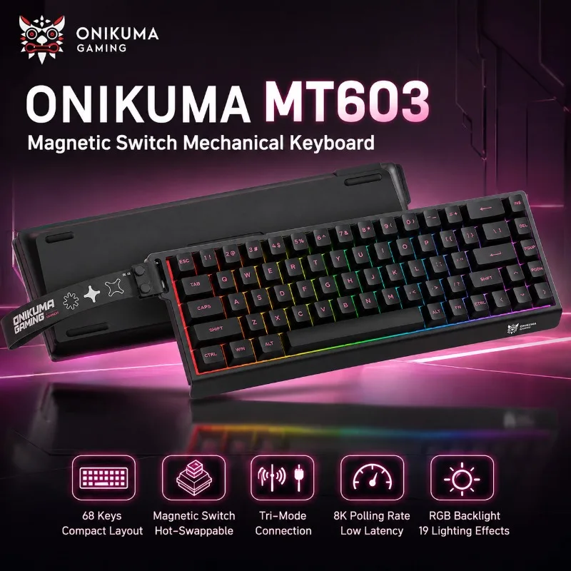 ONIKUMA MT603 68 Keys Magnetic Switch Mechanical Keyboard 8K Polling Rate Hot Swappable Tri Mode ARGB Gaming Keyboard for PC MAC