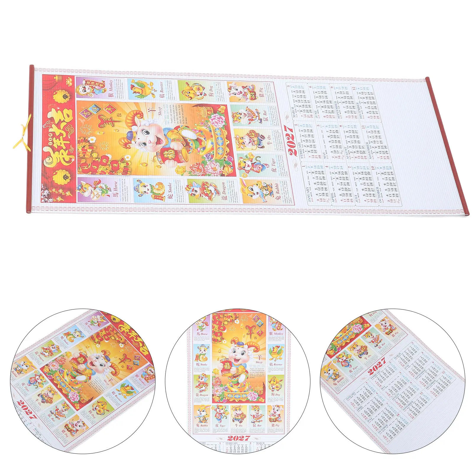

Year of The Goat Wall Scroll Calendar 2027 Chinese New Year Hanging Poster Goat Zodiac Imitation Rattan Decorative Wall Calendar