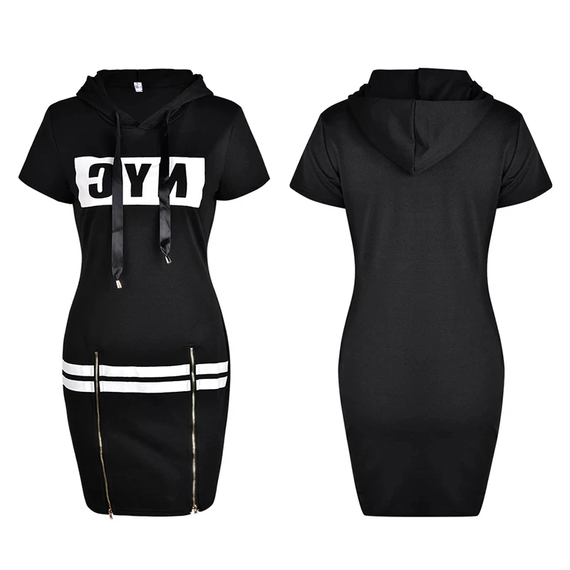 2022 Hooded Women Summer Dress Short Sleeve Letter Print Zipper Bandage Hoodies Lady Casual Sport Bodycon Vestidos Mini Dresses