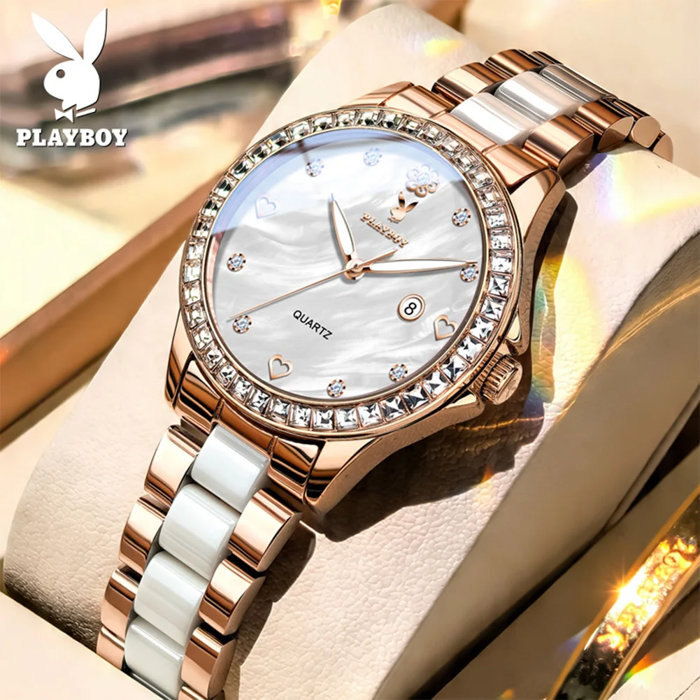 PLAYBOY 3555 Luxury Women's Dress Quartz Watch Diamond Bezel Waterproof Luminous Casual Date Wristwatch For Woman Gift Reloj
