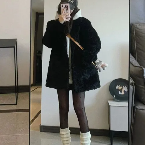 두꺼운 외투 여성용 겨울 레더 두꺼운 가죽 양털 퍼 칼라 블랙 테디 밍크 외투 코트 재킷 외투 코트 재킷 외투