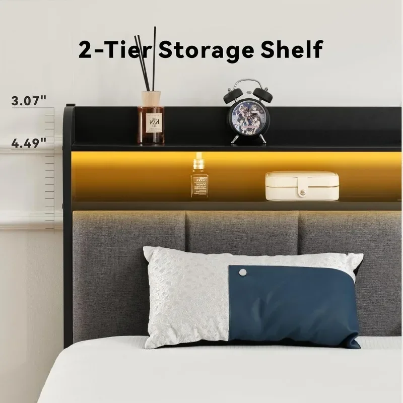 Kingsize metalen hybride bedframe, modern zwart platformbed met opbergplanken en oplaadpoort