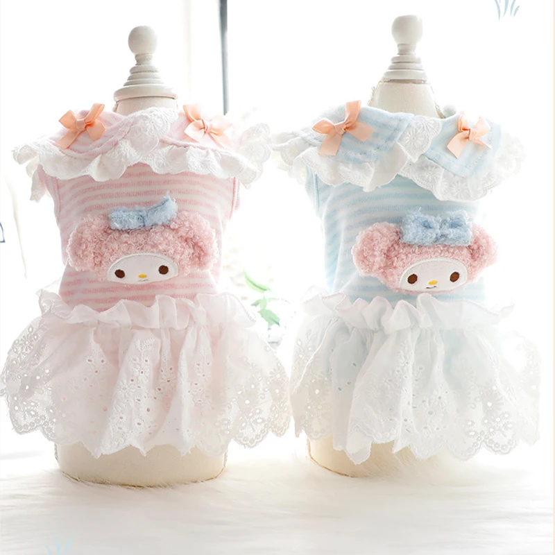 Hot Sanrios Spring and Autumn Models Lace Lapel Pet Tutu Kawaii My Melody Cartoon Cute Cat Dog Prevent Hair Loss Pet Clothing