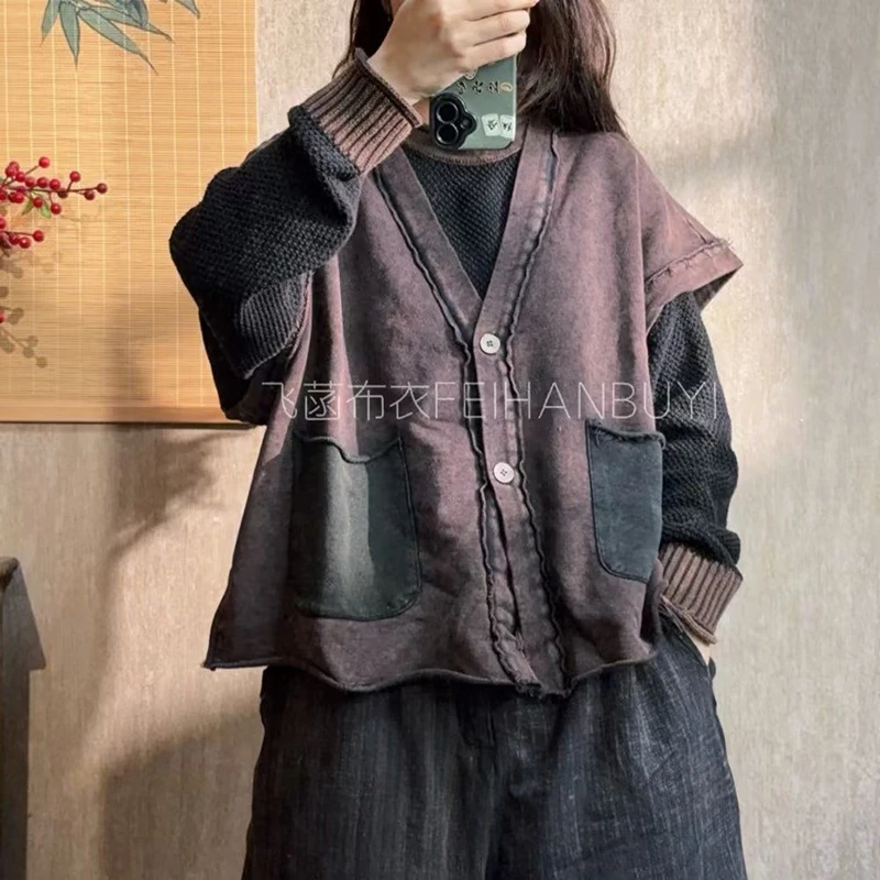 Autumn/winter 2026 New Arrival All-matched Vintage Women Outerwear & Coats Casual V-neck Single Breasted Cotton Vest F69