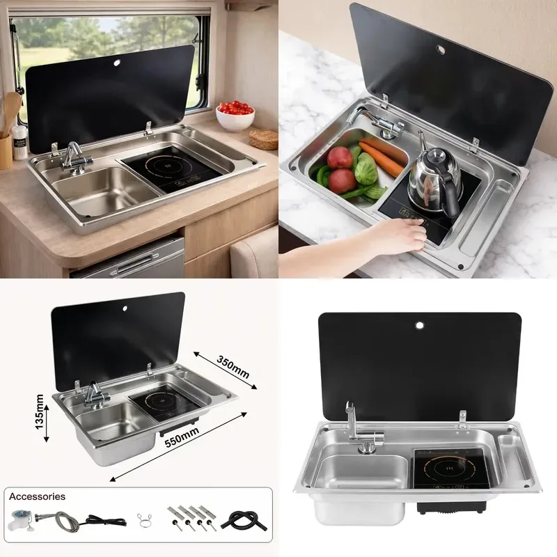 RV Kitchen Equipment Stainless Steel Sink with Faucet Glass Cover Induction Cooker for Caravan