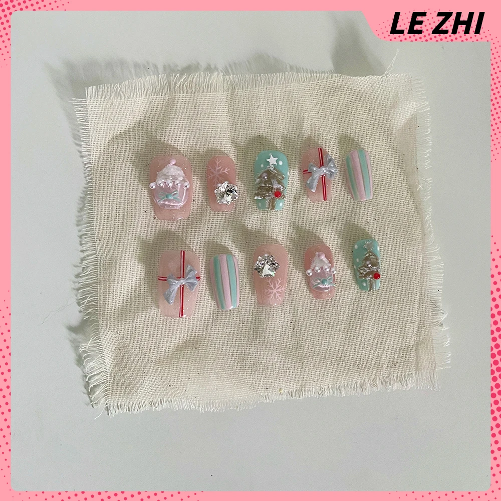 لطيف قصيرة الأظافر كاذبة الوردي الكرز القوس الجناح ندفة الثلج القوس تصميم رسمت باليد الزهور اللؤلؤ الحيوانات الأظافر كاذبة مخصصة