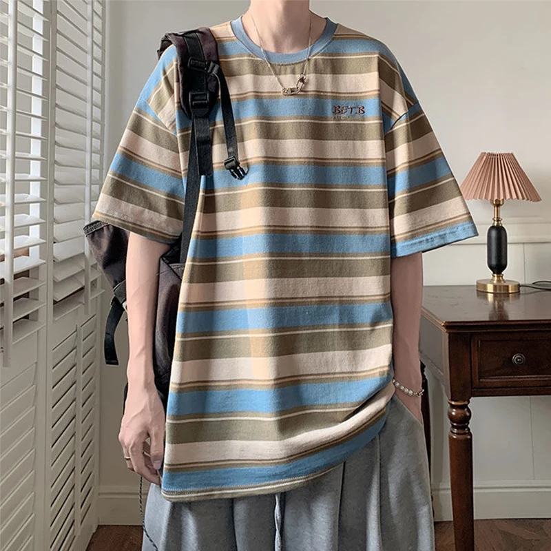 Summer Striped Printed Men O Neck Short Sleeve T Shirt Embroidery Graphic Japan Style Hit Color Fashion Casual Oversized Clothes