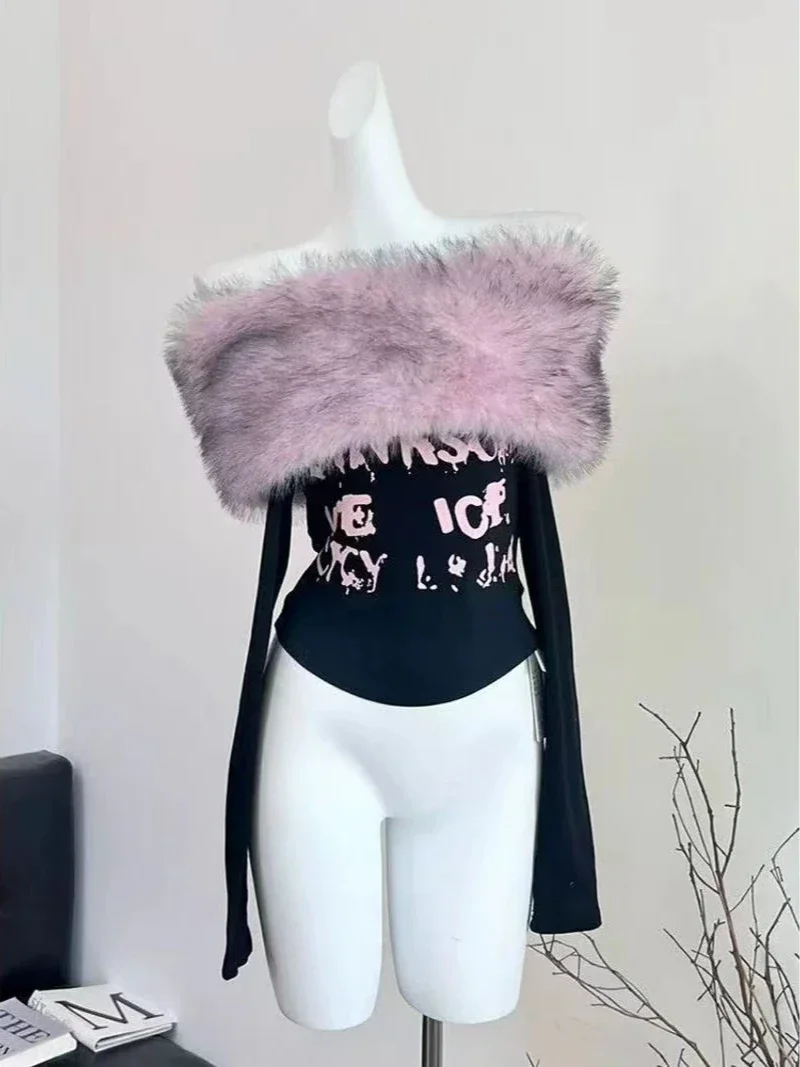Vintage Y2k Fur Collar T Shirt Women 2000s Aesthetics Off Shoulder Tops Japanese Harajuku Letter Print Long Sleeve T-shirt New