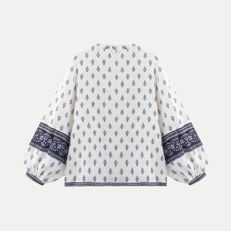 

Casual V-ne Printed Puffy Sve Women's Sle irt Spring 2025 Loose Fit Long Sve Polyester Fiber Z Brand