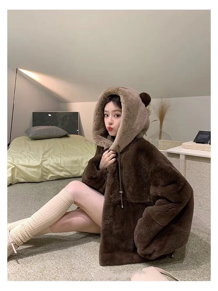 Korean style Women Cute Bear Fake Fur Imitation Rabbit Plush Fur Coat Autumn and Winter Hooded Thickened Zipper Jacket