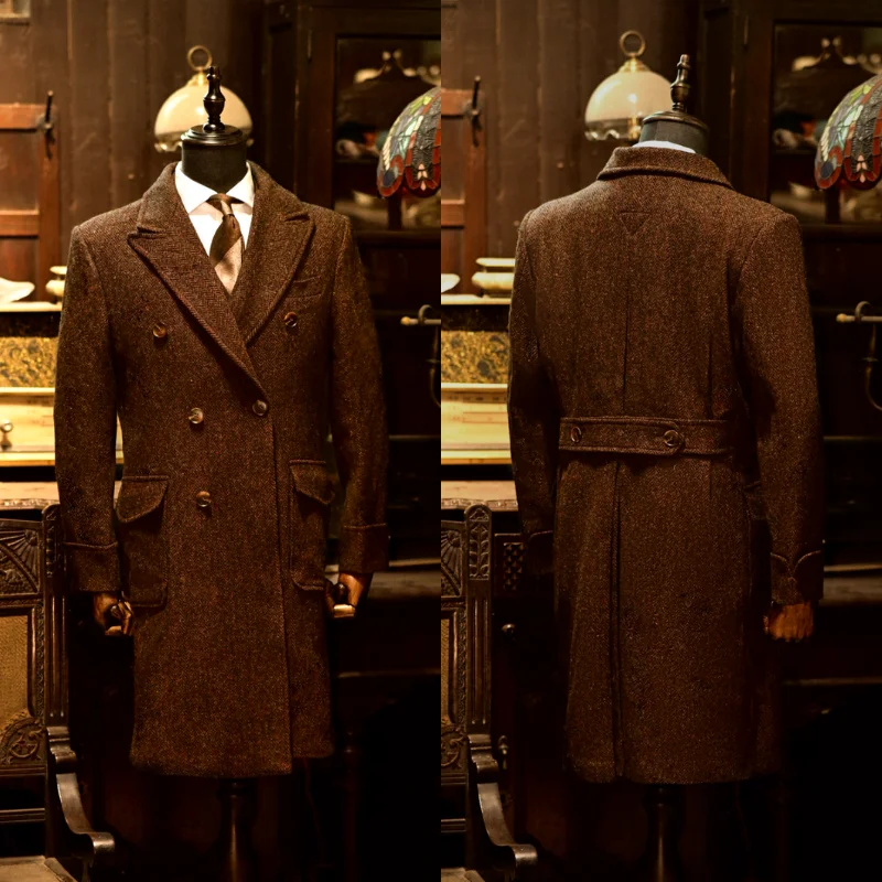 

Spring/Autumn Men's Polo Coat, Retro Coarse Herringbone Pattern British Gentleman Double Breasted, Long Business Casual Clothing