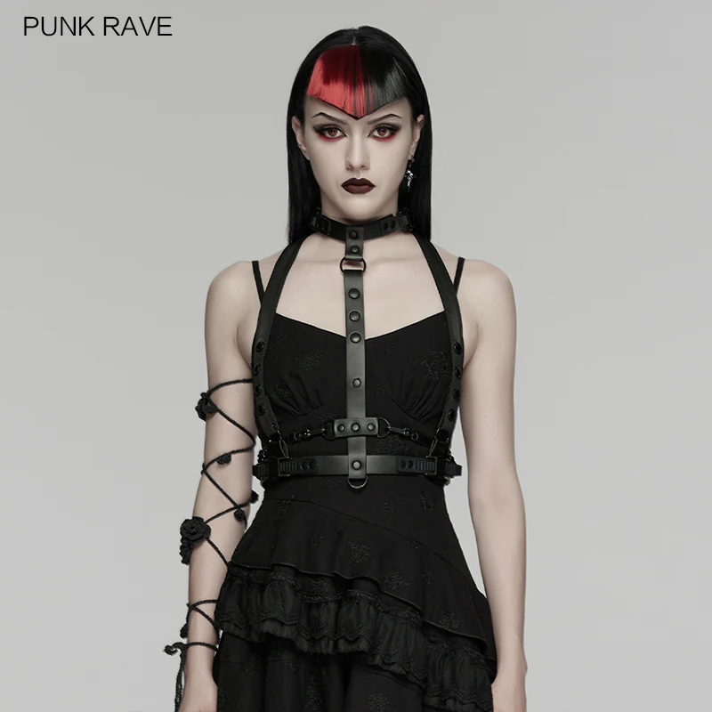 PUNK RAVE Women's Cyberpunk Faux Leather Metal Dynamic Rhythm Skeleton Harness Chains Functional Futuristic Feeling Accessory