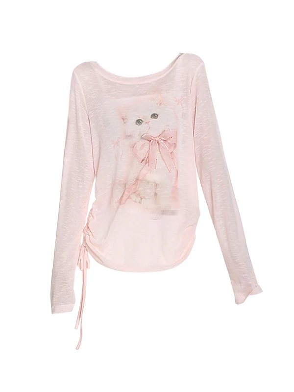 Rose doux imprimé noeud pente oulder couvrir les femmes début automne mince plissé taille haut décontracté coréen Sle