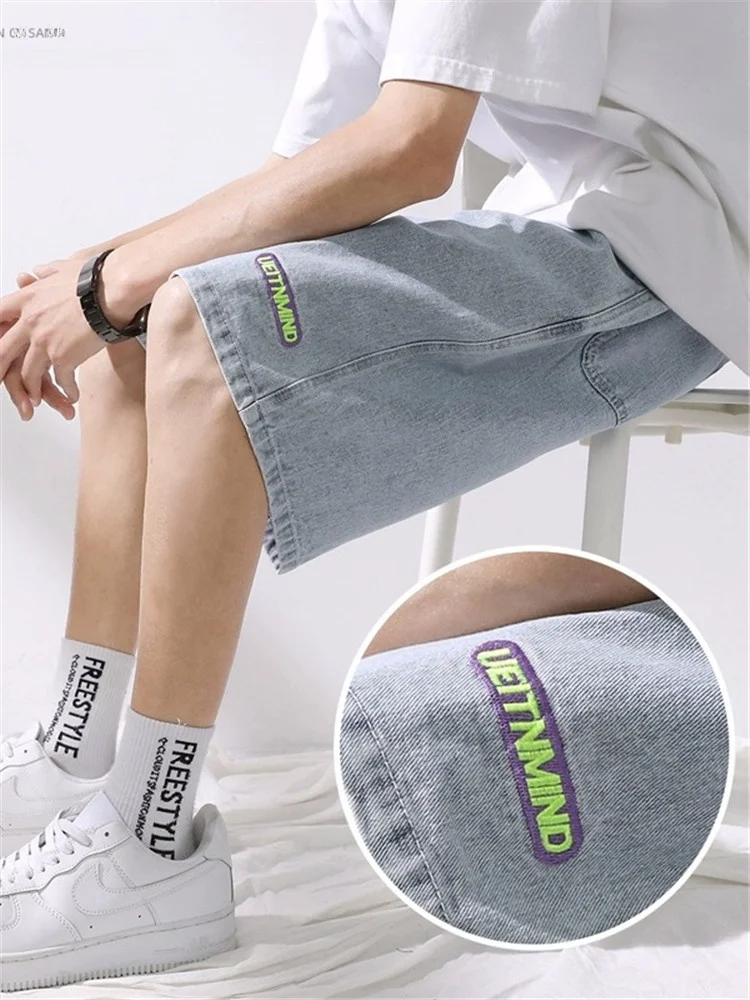 

Мужские повседневные летние тонкие джинсовые шорты, износостойкие, свободного кроя, длиной до колена, прямые джинсы со средней посадкой, молодежный тренд