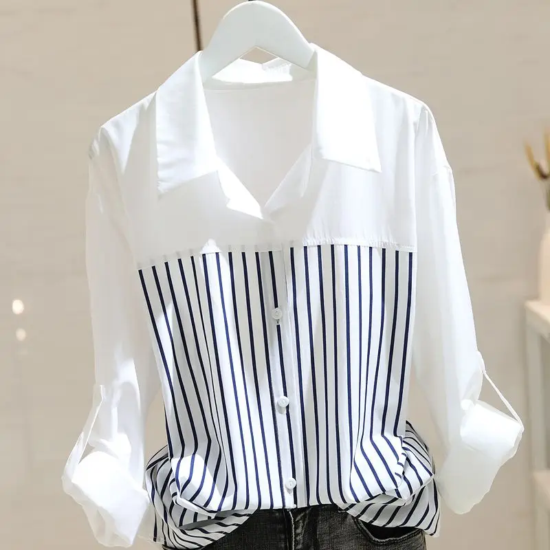 

Stripe Splicing Long Sleeved Shirt Spring Autumn New Casual Loose Slimming Tops Temperament Commuting Fashion Clothes for Women