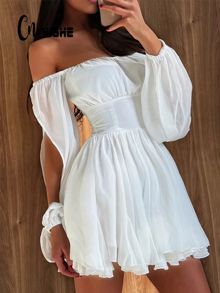 

CNYISHE Slash Neck Solid Holiday Women Dresses Elegant Casual Skinny Sexy Club A-line Zipper Female Bodycon Outfits Long Sleeve