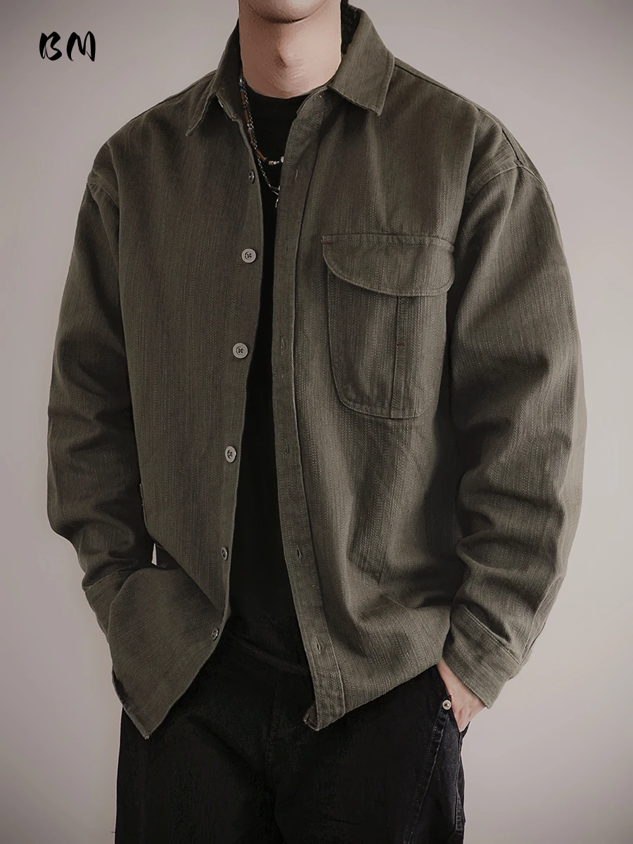 

Мужская винтажная рабочая рубашка с длинным рукавом из чистого хлопка, тяжелая, повседневная, свободная посадка, большие размеры, высокое качество, весна-осень, армейский зеленый топ