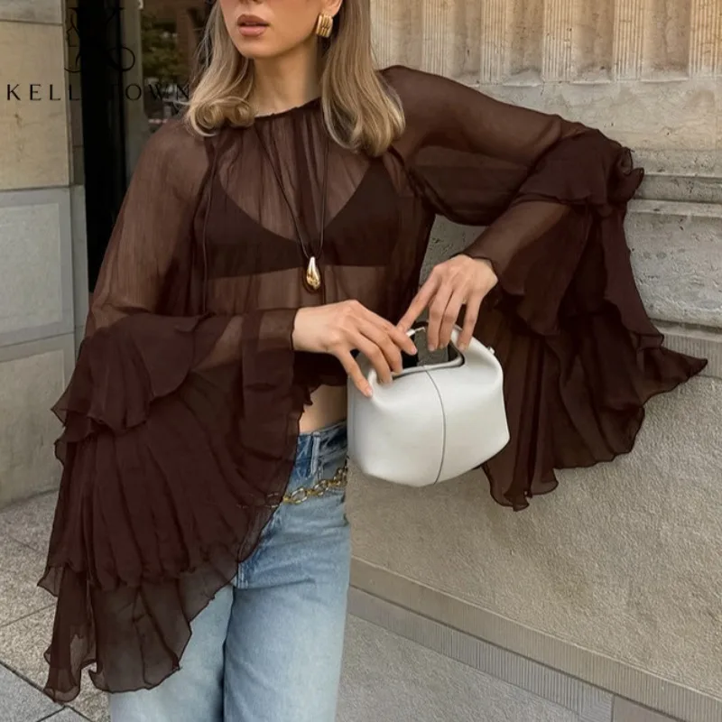 Ruffles Blouse Sexy Chiffon Top Women Long Sleeve Tee Shirts Summer Autumn Outfits Evening Elegant Chic Transparent Crop Top