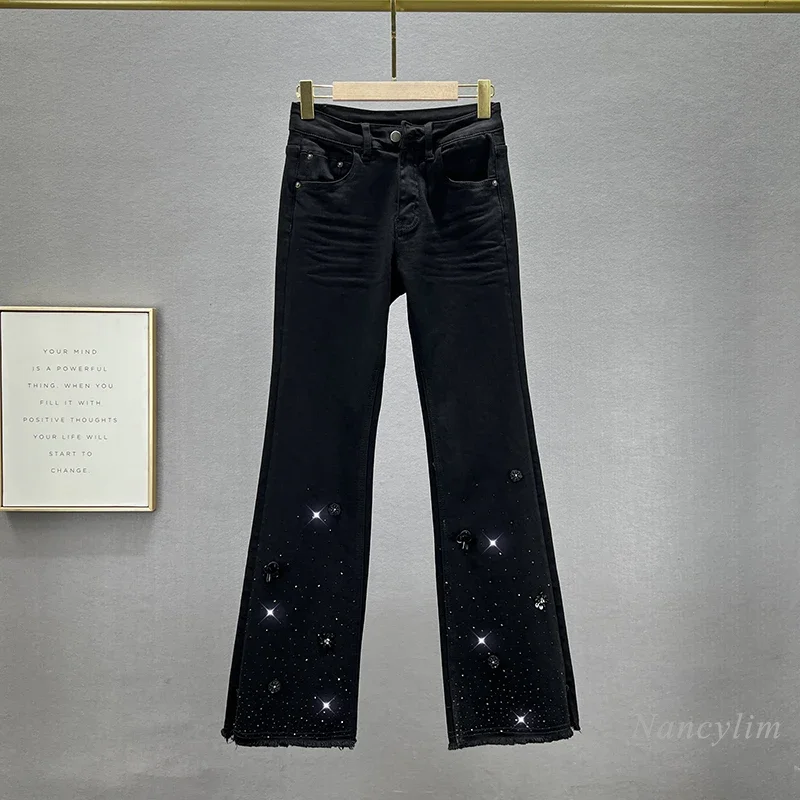

Skinny Black Denim Micro-flared Pants Women's 2024 New Autumn High Waist Jeans Slimming European Street Hot Diamond Trousers