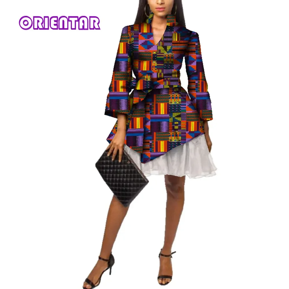 

African Wax Print Dresses for Women Bazin Riche Long Sleeve Short Dress Fashion Ankara Dresses with Yarn Maxi Dress WY3525