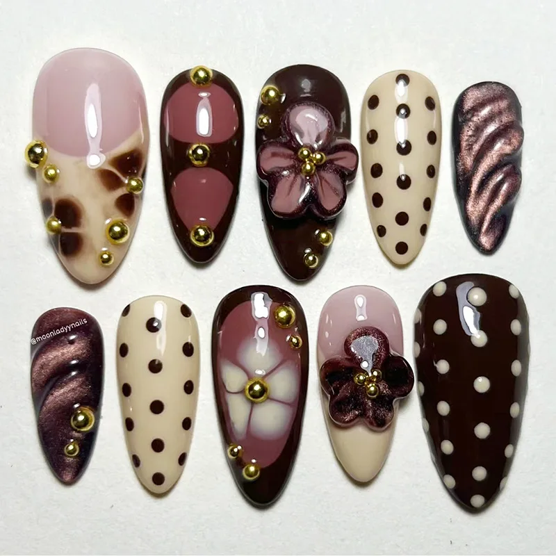 

24pcs Flower Full Cover Nail Tip Polka Dot Design Brown False Nails Art Pearl Long Almond Fake Nail Sets Wearable Press on Nails