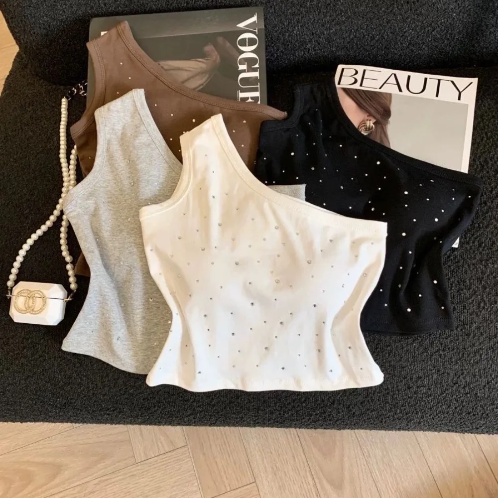 2026 Summer New Girls One-Shoulder Rhinestone Vest, Fashion Backless Sleeveless Dance Top for Baby Kids for 80-150cm