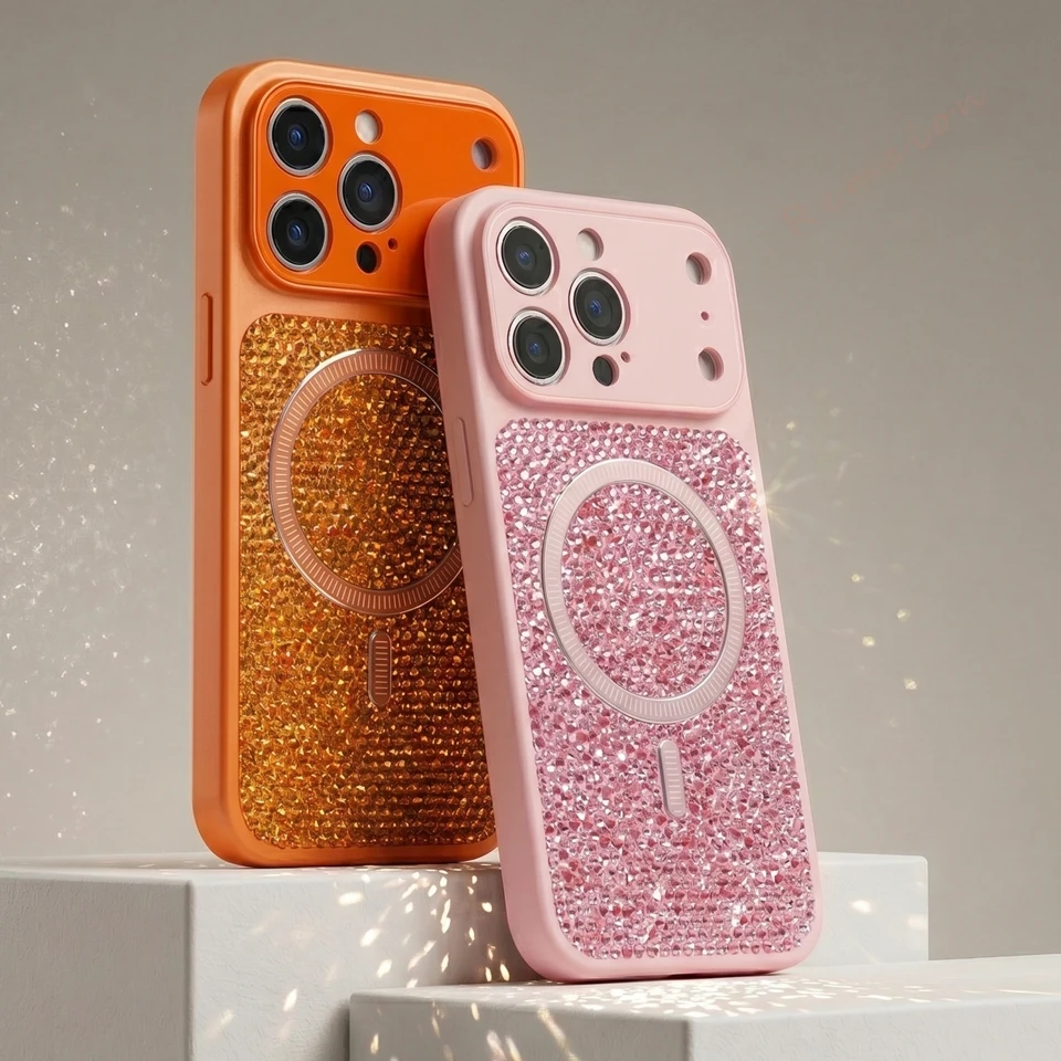 

Bling Bling Glitter Magnetic Phone Case For iPhone 15 14 16 17 Pro Max 17Pro Max Magsafe Official Shockproof Protector Cover
