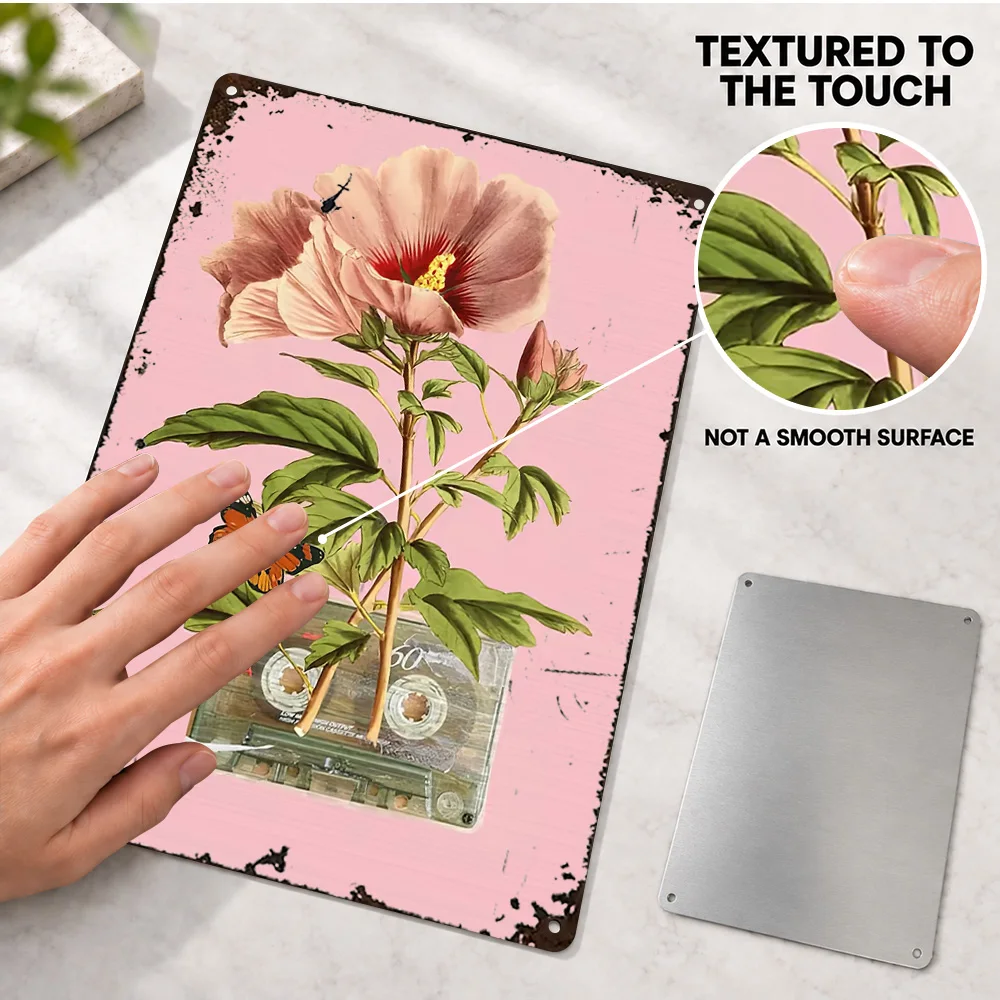 Cassette Tape With Hibiscus Flower Aluminum Poster Vintage Watercolor Wall Art For Entryway Customized Metal Sign Florist Gift