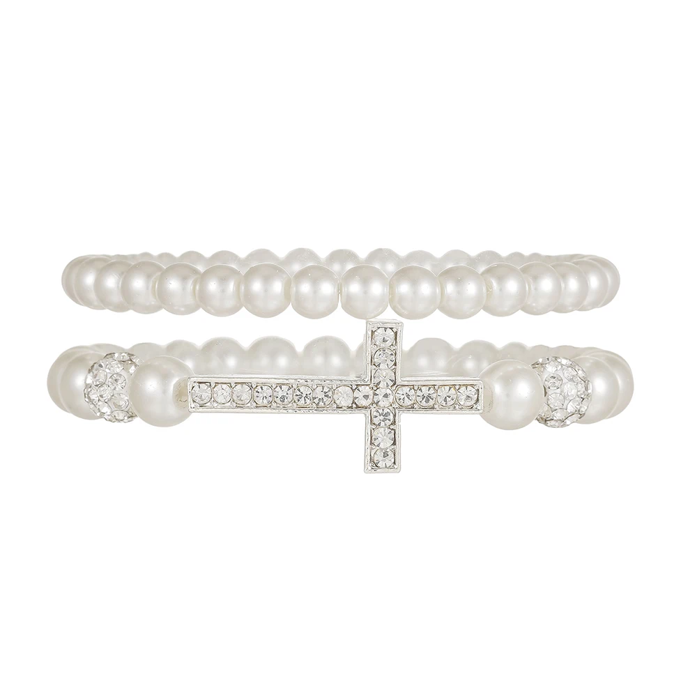 NADEEM Ins Geometrous Simulated Pearls Cross Bracelets for Women Wedding Jewelry Shiny Rhinestone Strand Bracelets Wholesale Hot