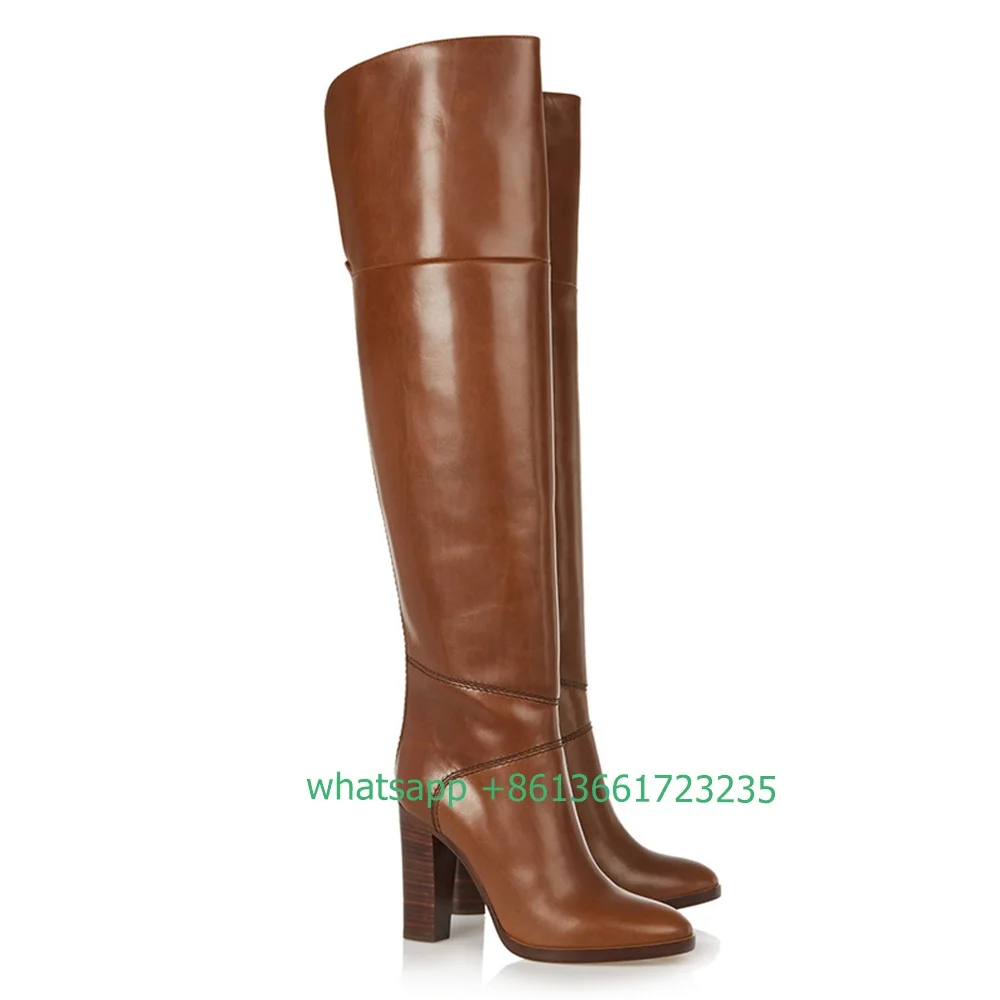 

Brown PU Shine Over The Knee Boots Wood Grain Chunky Heel Splicing Long Boots Women Winter New Fashion Catwalk Shoes Boots