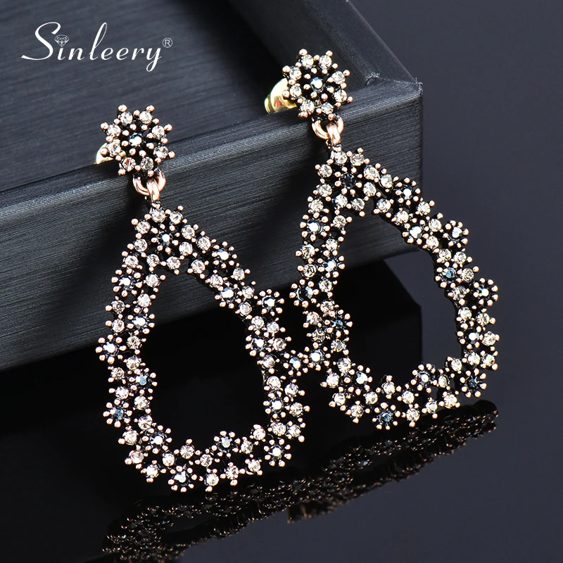 SINLEERY Big Hollow Teardrop Earrings For Women Blue Gray Zircon Long Earring Retro Jewelry Accessories ES623