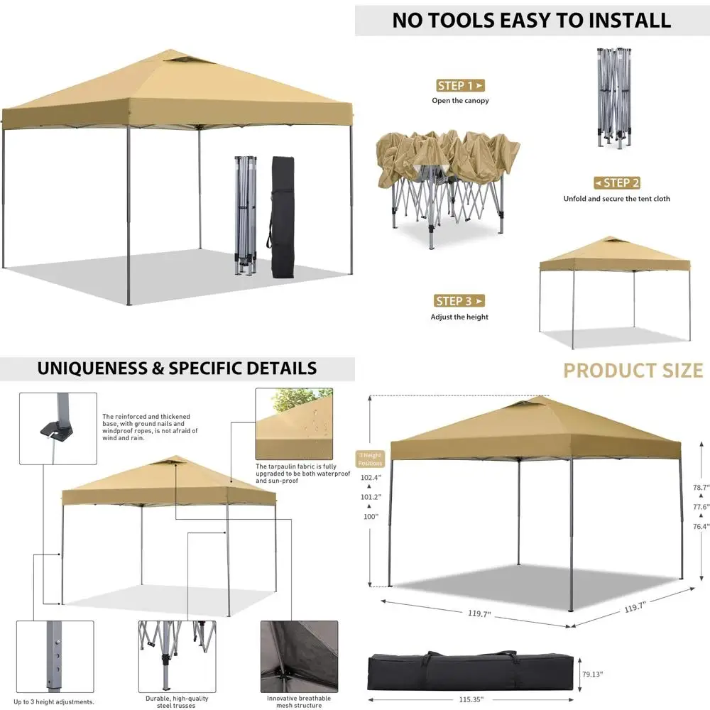 

Portable 10x10 Outdoor Canopy Tent, Easy Setup Gazebo for Events, Parties, Camping, Brown