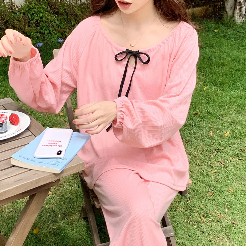 2024 Spring Long Sleeve Cotton Pajama Sets for Women Korean Cute Bow Sleepwear Pyjama Pijama Mujer Homewear Ladies Home Clothes