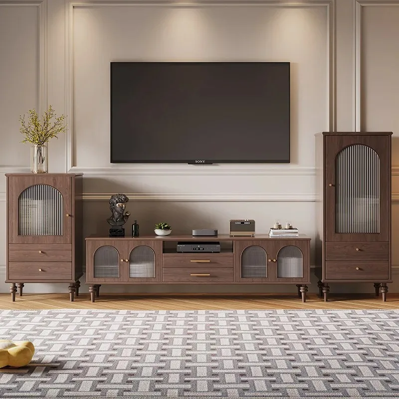French retro TV cabinet, high solid wood small apartment American storage side cabinet