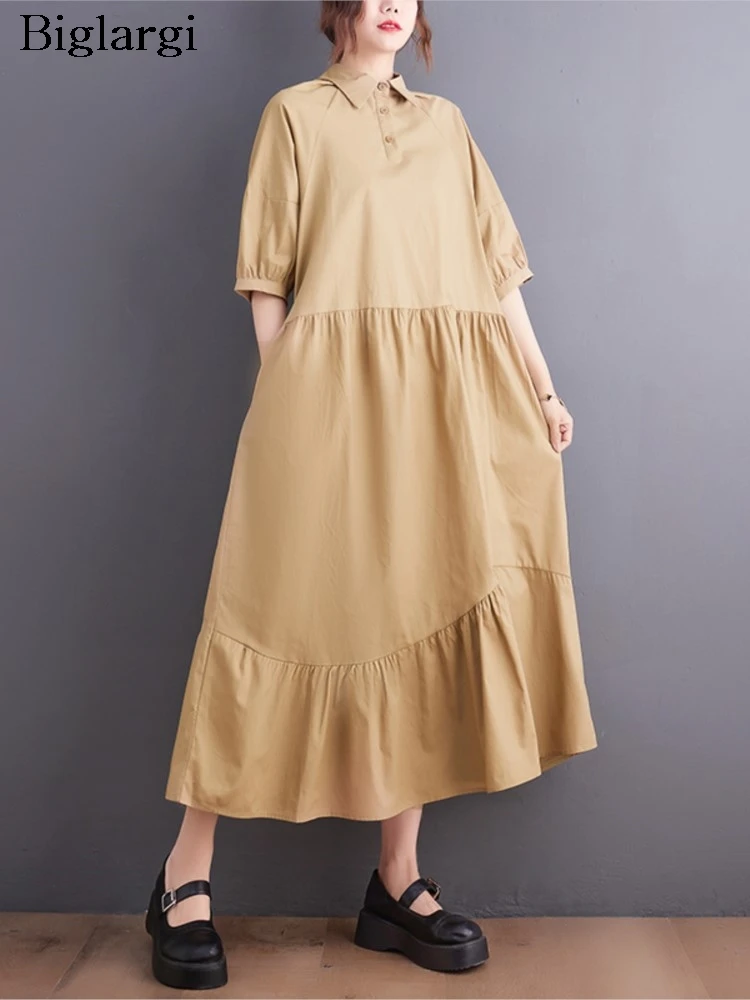 

Oversized Summer Long Dress Women Korean Loose Irregular Pleated Patchwork Modis Ladies Dresses Casual Short Sleeve Woman Dress