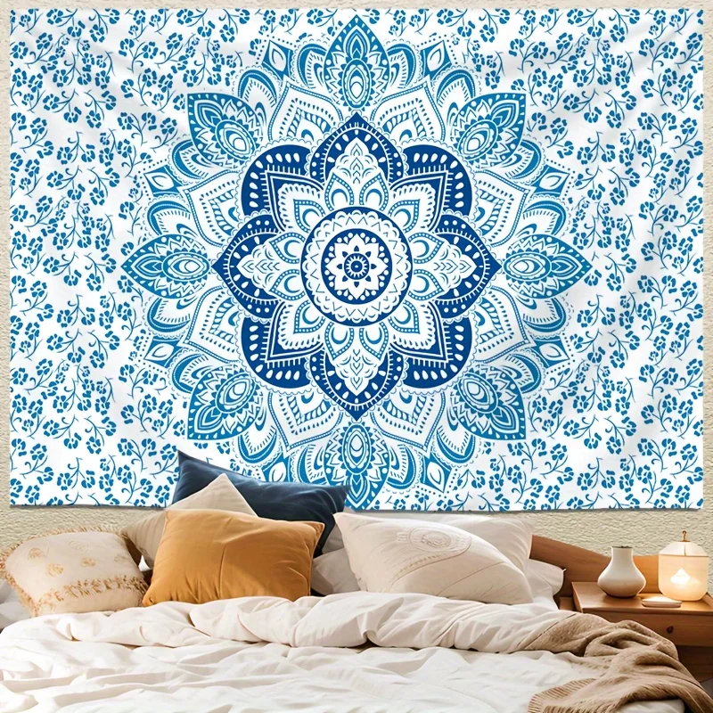 Bohemian Mandala Tapestry Wall Hanging - Blue and White Floral Lotus Design, for Bedroom, Boho Hippie Geometric Home Background