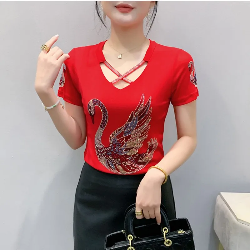 الشارع الشهير الملابس النسائية تي شيرت مثير جودة عالية سوان الساخن الماس تصميم قصيرة الأكمام بلايز شبكة تيز أحدث قميص #4