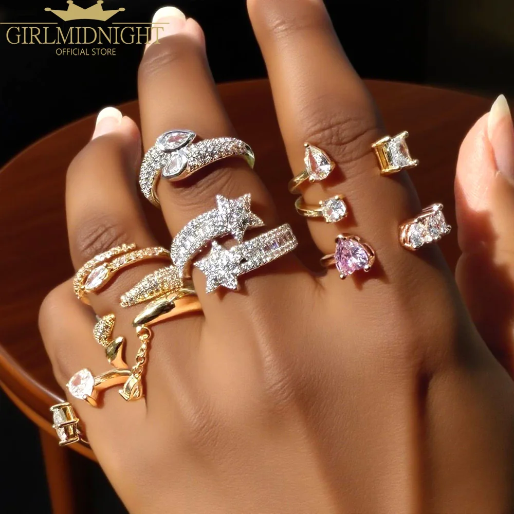 2025 neue Luxus Shiny Herz Runde Zirkonia Gepflastert Geometrische Offenen Ring Gold Farbe für Frauen Schmuck Zubehör Großhandel