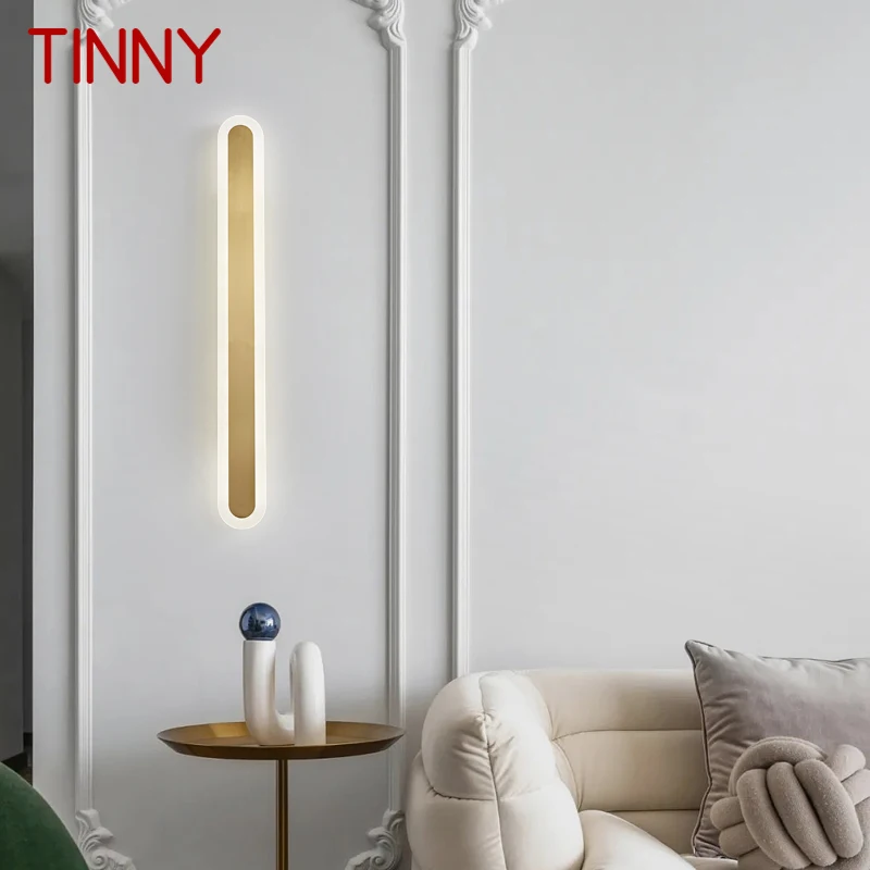 TINNY lampu dinding kuningan Modern LED emas, lampu dekorasi koridor 3 warna kreatif tempat tidur panjang untuk rumah ruang tamu kamar tidur