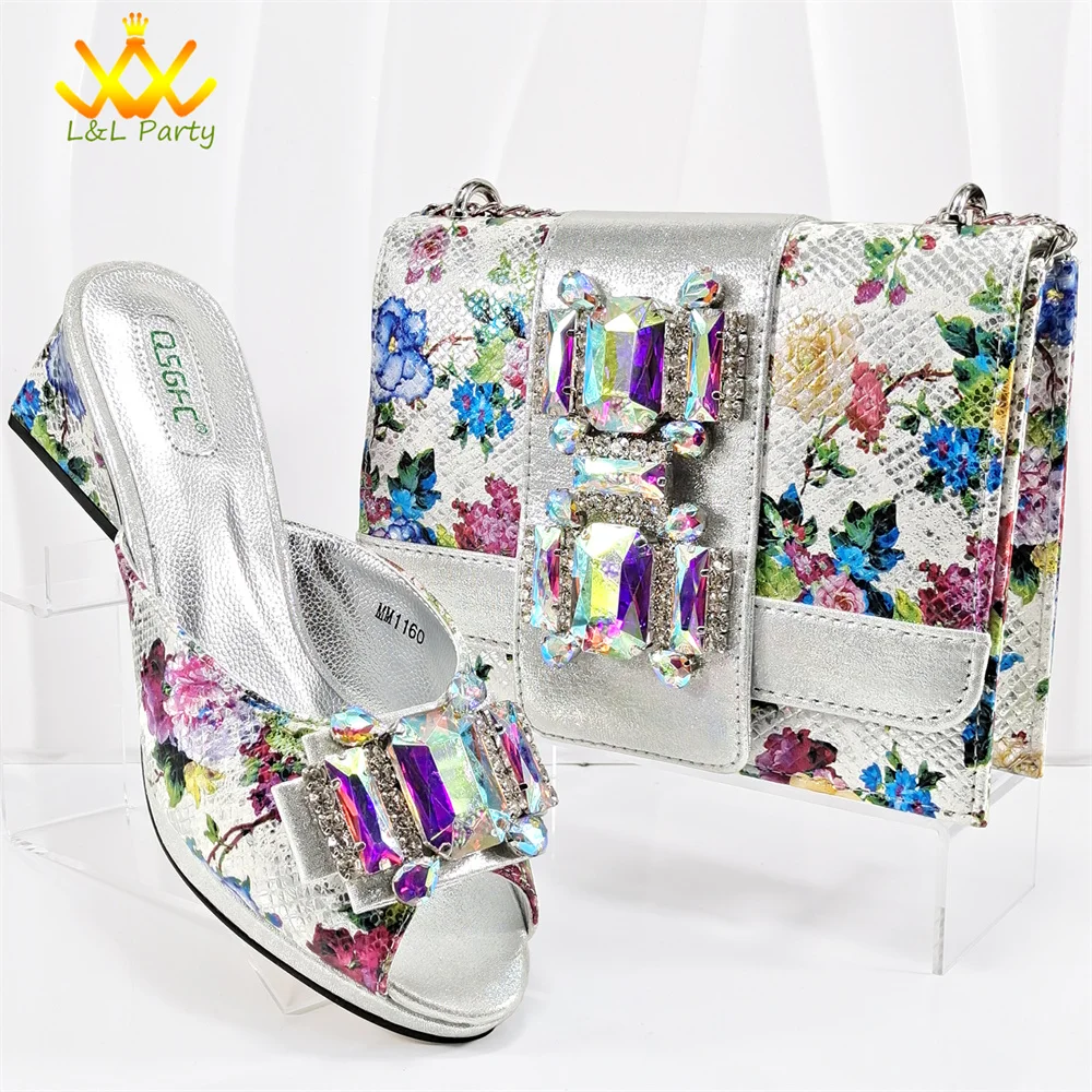 Silver New Coming Autumn Winter Design with Platform Slipper and Hand Bag Set Comfortable Mid Heels for Garden Party