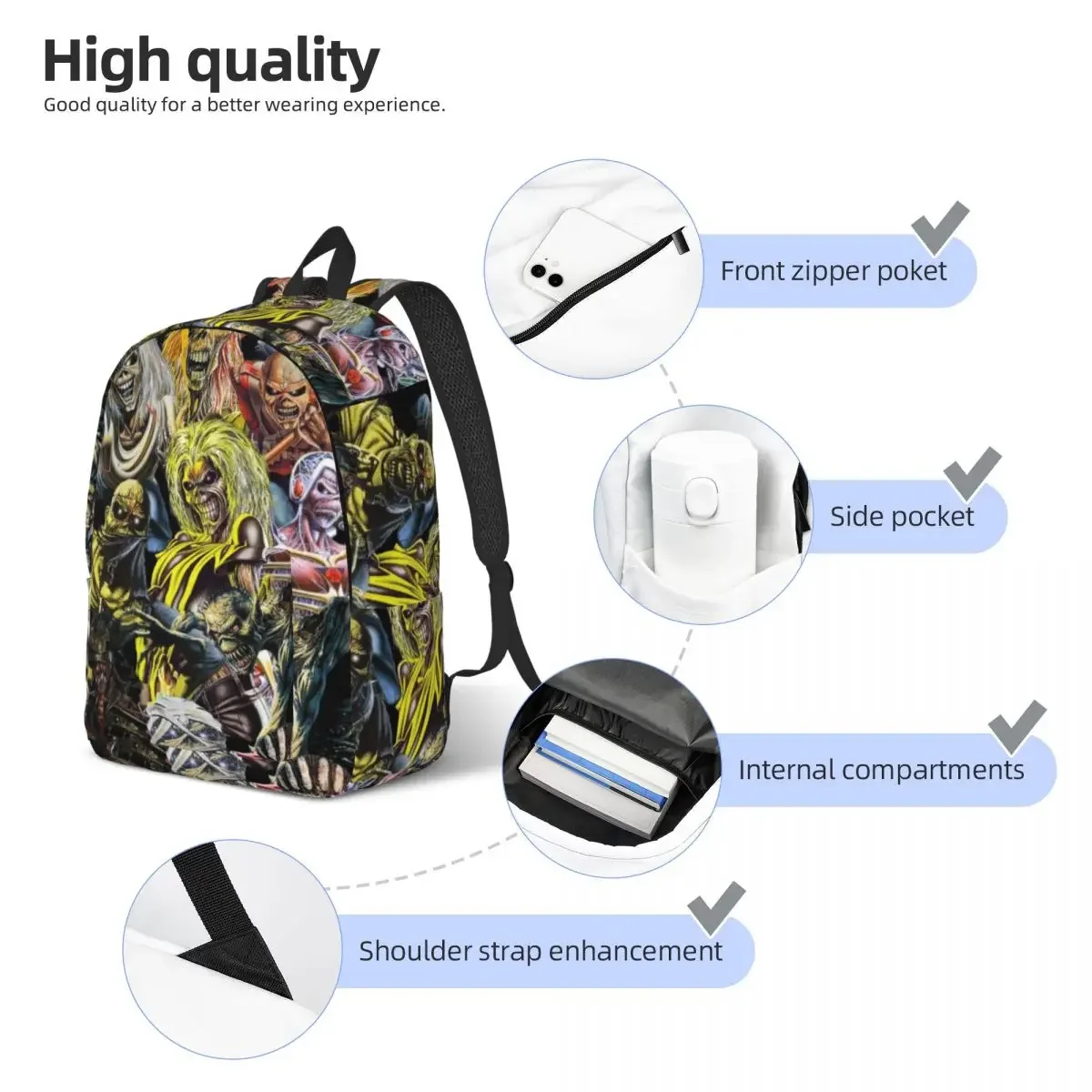 Iron Maidens Music Rock Heavy Metal Band Backpack for Men Women High School Hiking Daypack Laptop Computer Shoulder Bag Sports