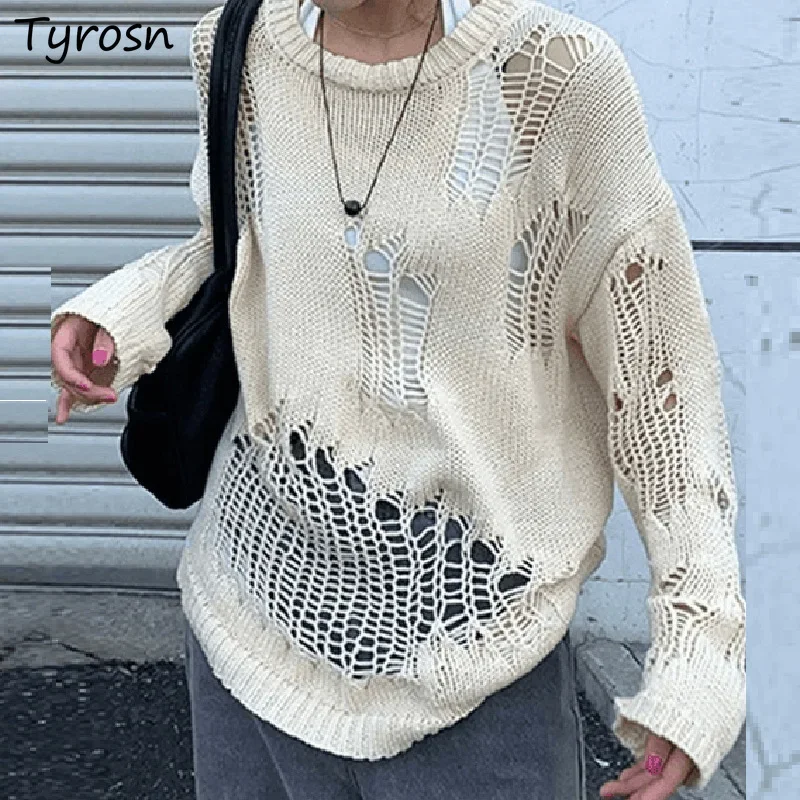

Pullovers Women Loose Knitted Hollow Out O-neck Sweater Casual European Style Personality New Y2k Mujer Classic All-match Jumper