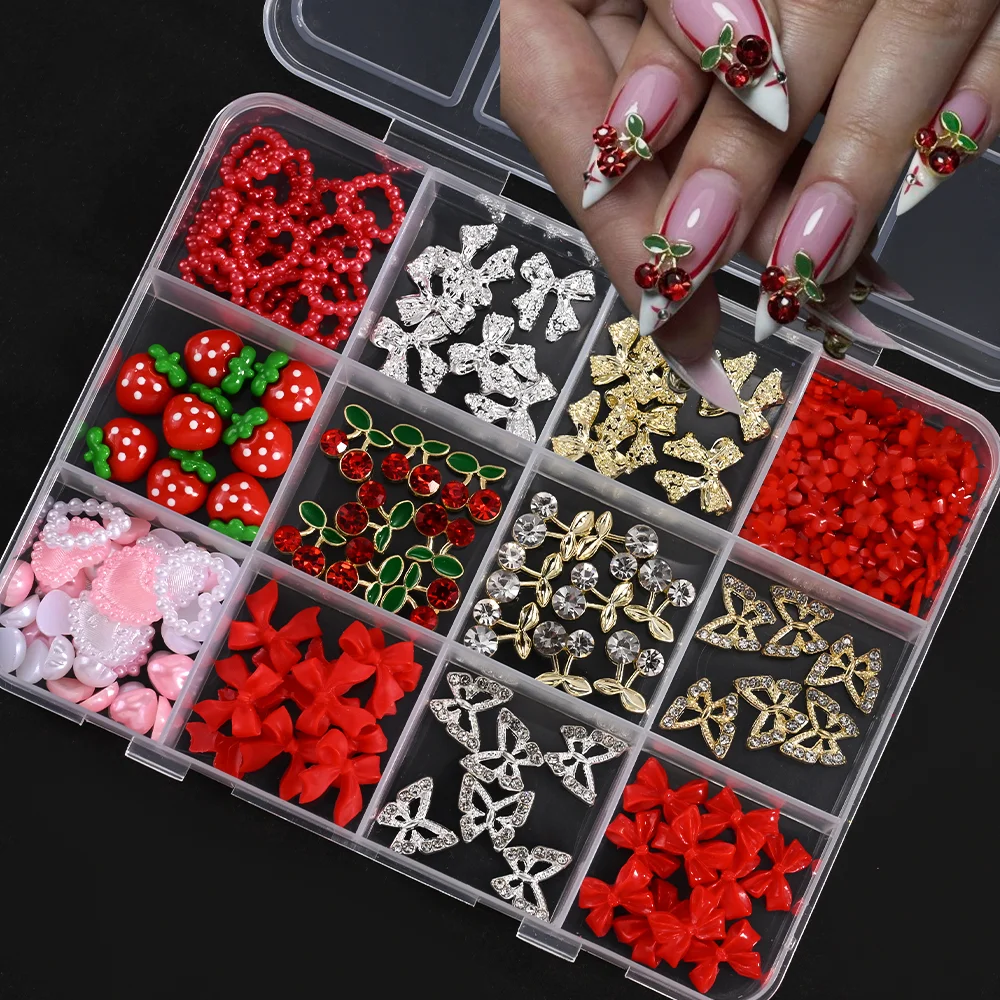 12 グリッド 3D 混合チェリー/イチゴ/弓ネイルラインストーン夏かわいい合金中空蝶/愛ネイルアートチャームマニキュア DIY 装飾