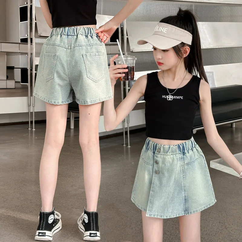 Girls Denim shorts Skirt Summer 2026 New Children's Culottes Teenager Kids Casual Pantskirt Checkerboard Button Trouser Skirts