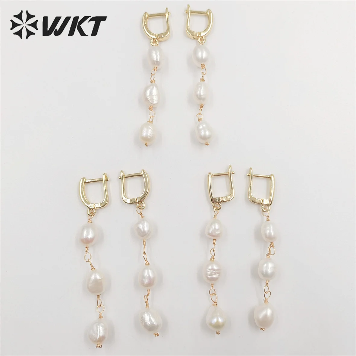 WT-MPE078 New Elegant triple Freshwater Pearl beads make clasp earrings fashion gold dangling wire wrapped real pearl earrings