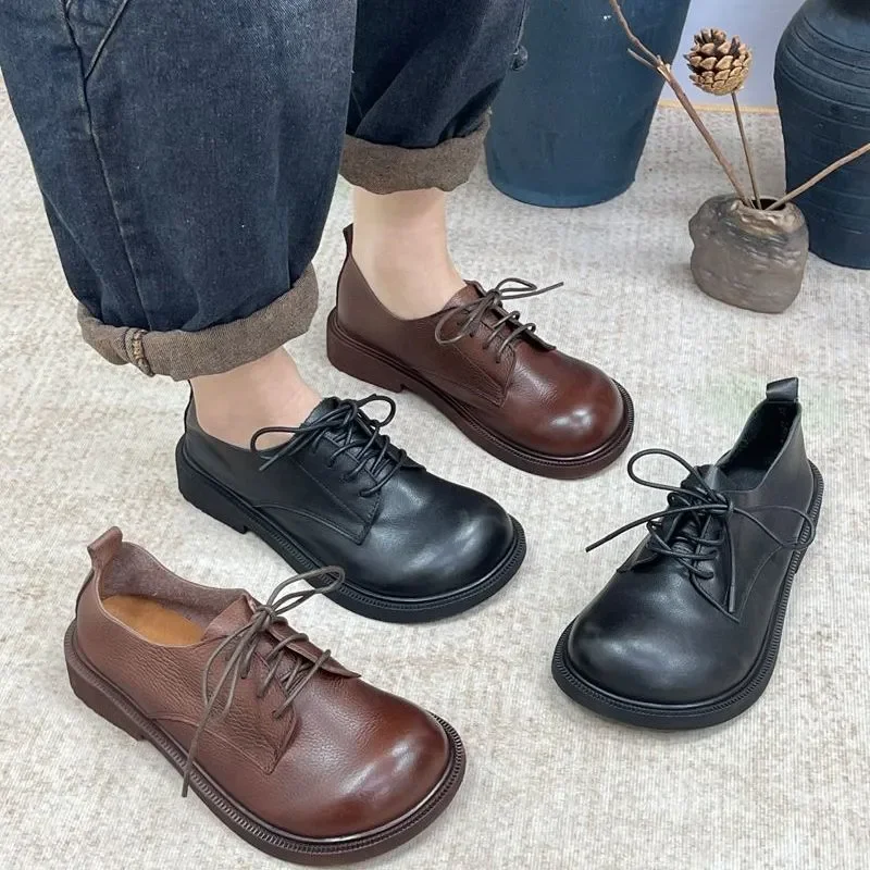 

GKTINOO 2026 Spring British Style Big Wide Shoes Genuine Leather Lace Up Natural Leather Shoes Soft Cowhide Shoes for Women