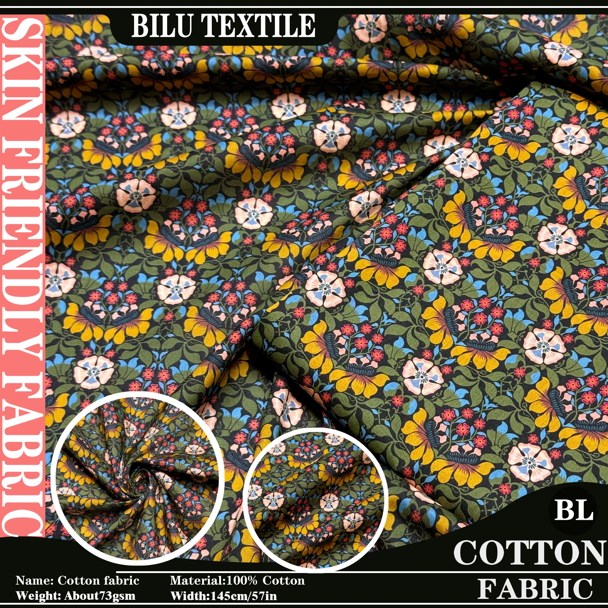 1/2/3/4/5M 100% Cotton Fabric Persephone 80S combed Cotton Poplin printing Sewing Making Dress Clothing Handmade kids DIY cloth