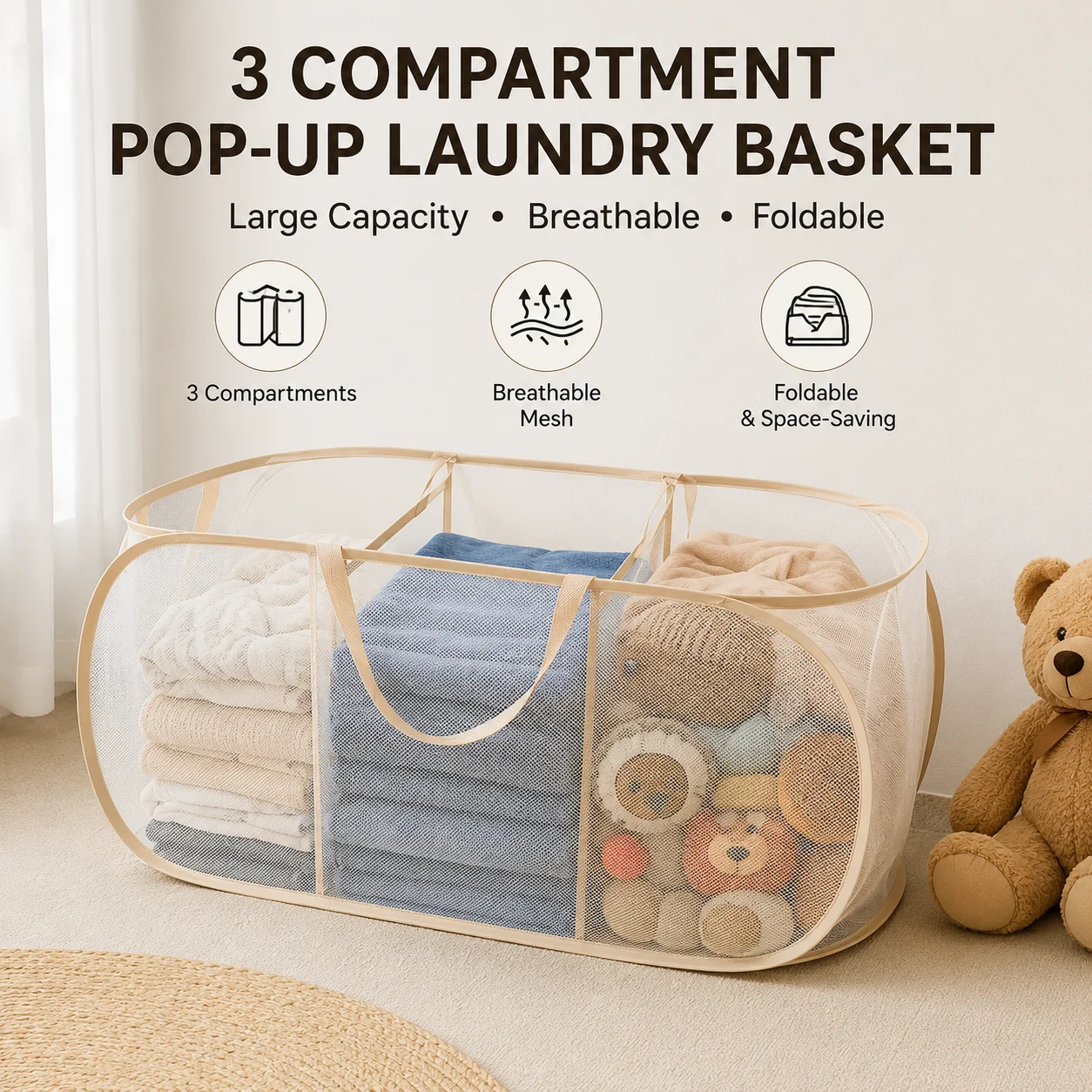 Cesta de Armazenamento de Brinquedos de Grande Capacidade com 3 Compartimentos, Cesto de Roupa Multifuncional para Bonecas Infantis, Cesto de Armazenamento Respirável em Tela